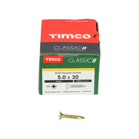 This is an image of Timco - Classic Multi-Purpose Screws - PZ - Double Countersunk - Yellow 5.0 x 30mm - (200 PCS Box) 50030CLAF
