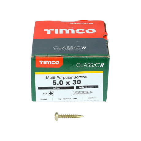 This is an image of Timco - Classic Multi-Purpose Screws - PZ - Pan Head - Yellow 5.0 x 30mm - (200 PCS Box) 50030CLAP