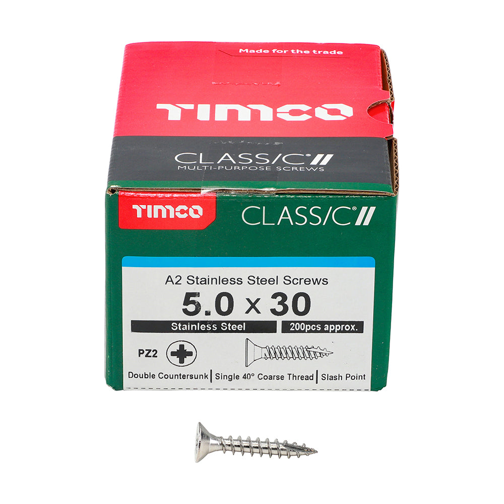 This is an image of Timco - Classic Multi-Purpose Screws - PZ - Double Countersunk - A2 Stainless Steel 5.0 x 30mm - (200 PCS Box) 50030CLASS