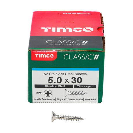 This is an image of Timco - Classic Multi-Purpose Screws - PZ - Double Countersunk - A2 Stainless Steel 5.0 x 30mm - (200 PCS Box) 50030CLASS