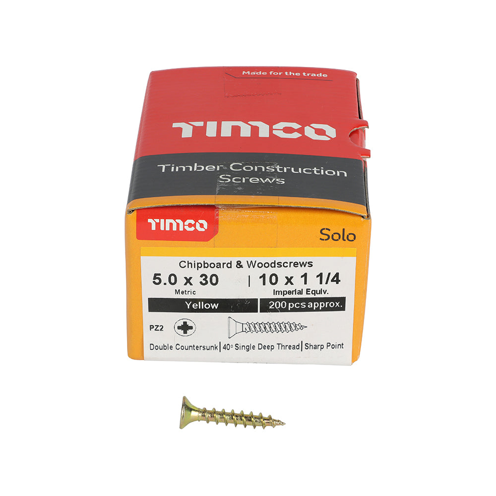This is an image of Timco - Solo Chipboard & Woodscrews - PZ - Double Countersunk - Yellow 5.0 x 30mm - (200 PCS Box) 50030SOLOC