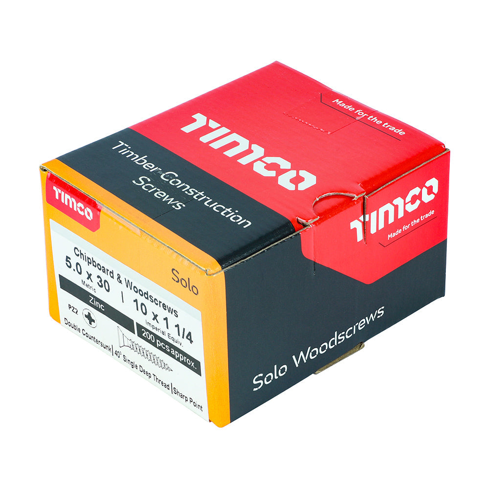 This is an image of Timco - Solo Chipboard & Woodscrews - PZ - Double Countersunk - Zinc 5.0 x 30mm - (200 PCS Box) 50030SOLOZ