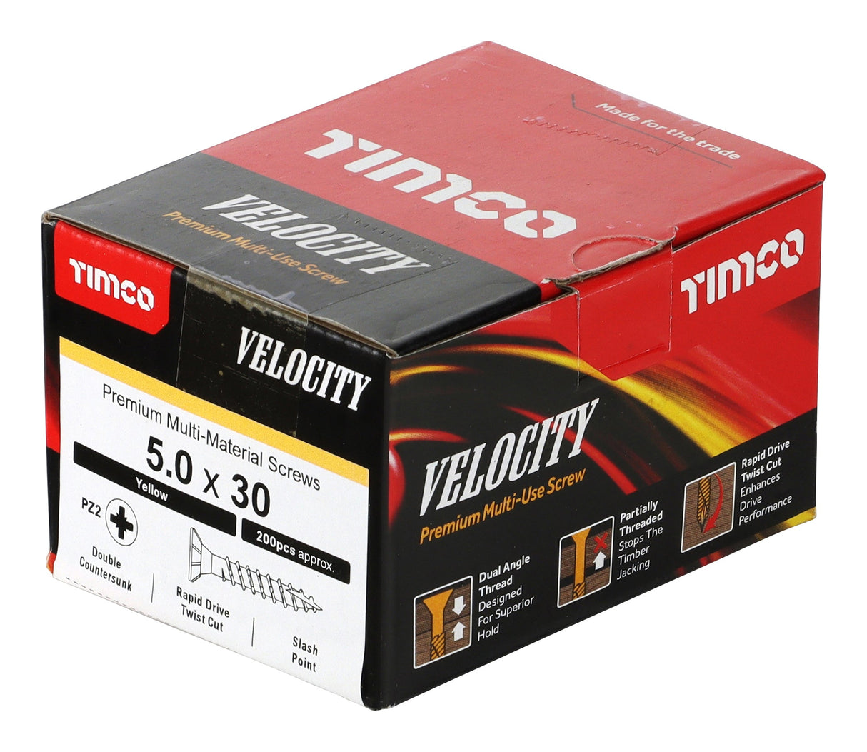 This is an image of Timco - Velocity Premium Multi-Use Screws - PZ - Double Countersunk - Yellow 5.0 x 30mm - (200 PCS Box) 50030VY