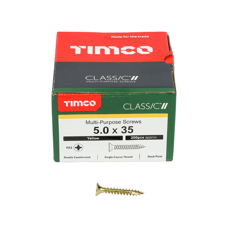 This is an image of Timco - Classic Multi-Purpose Screws - PZ - Double Countersunk - Yellow 5.0 x 35mm - (200 PCS Box) 50035CLAF