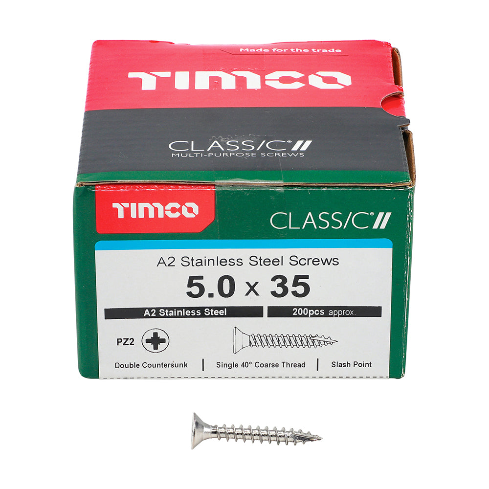 This is an image of Timco - Classic Multi-Purpose Screws - PZ - Double Countersunk - A2 Stainless Steel 5.0 x 35mm - (200 PCS Box) 50035CLASS