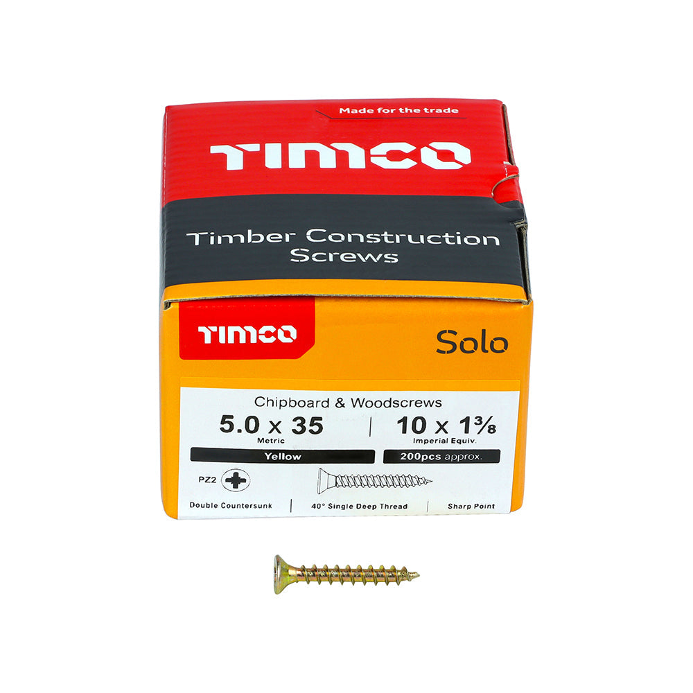 This is an image of Timco - Solo Chipboard & Woodscrews - PZ - Double Countersunk - Yellow 5.0 x 35mm - (200 PCS Box) 50035SOLOC