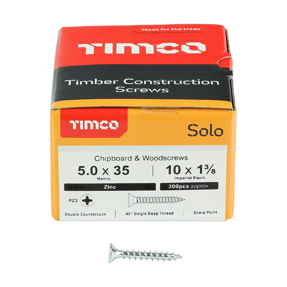 This is an image of Timco - Solo Chipboard & Woodscrews - PZ - Double Countersunk - Zinc 5.0 x 35mm - (200 PCS Box) 50035SOLOZ