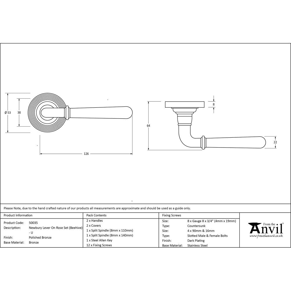 From The Anvil - Polished Bronze Newbury Lever on Rose Set (Beehive) - Unsprung | Sku. 50035 | Trade Door Handles.