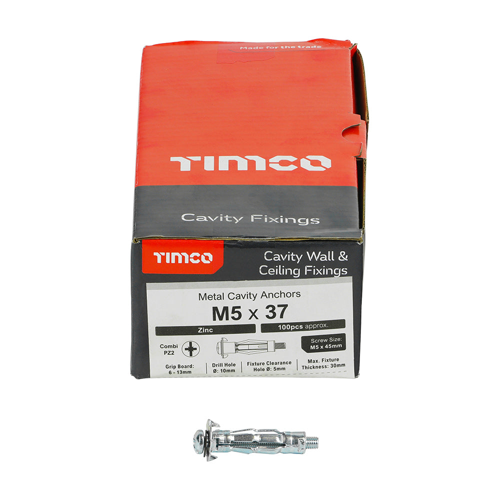 This is an image of Timco - Metal Cavity Anchors - Zinc M5 x 37 (45mm Screw) - (100 PCS Box) 50037CA