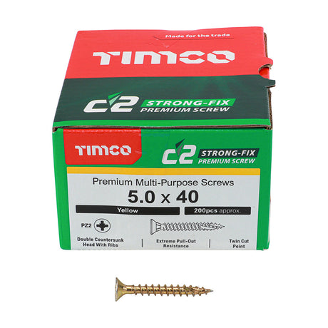 This is an image of Timco - C2 Strong-Fix Screws - PZ - Double Countersunk - Twin-Cut - Yellow 5.0 x 40mm - (200 PCS Box) 50040C2