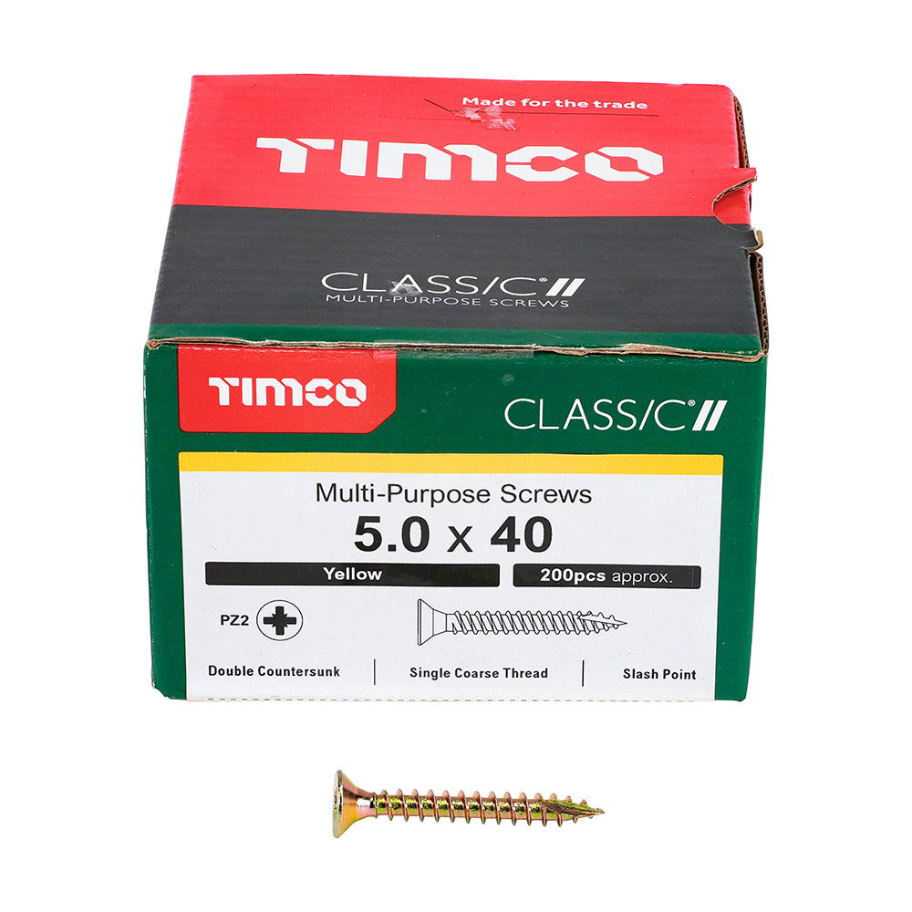 This is an image of Timco - Classic Multi-Purpose Screws - PZ - Double Countersunk - Yellow 5.0 x 40mm - (200 PCS Box) 50040CLAF