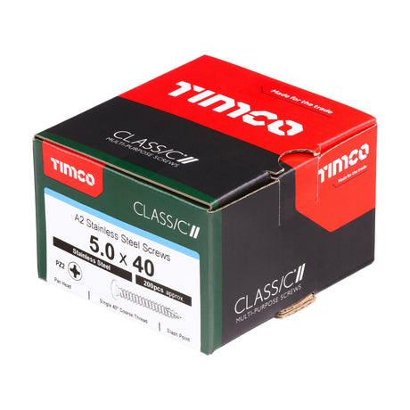 This is an image of Timco - Classic Multi-Purpose Screws - PZ - Pan Head - A2 Stainless Steel 5.0 x 40mm - (200 PCS Box) 50040CLAPSS