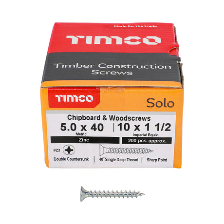 This is an image of Timco - Solo Chipboard & Woodscrews - PZ - Double Countersunk - Zinc 5.0 x 40mm - (200 PCS Box) 50040SOLOZ