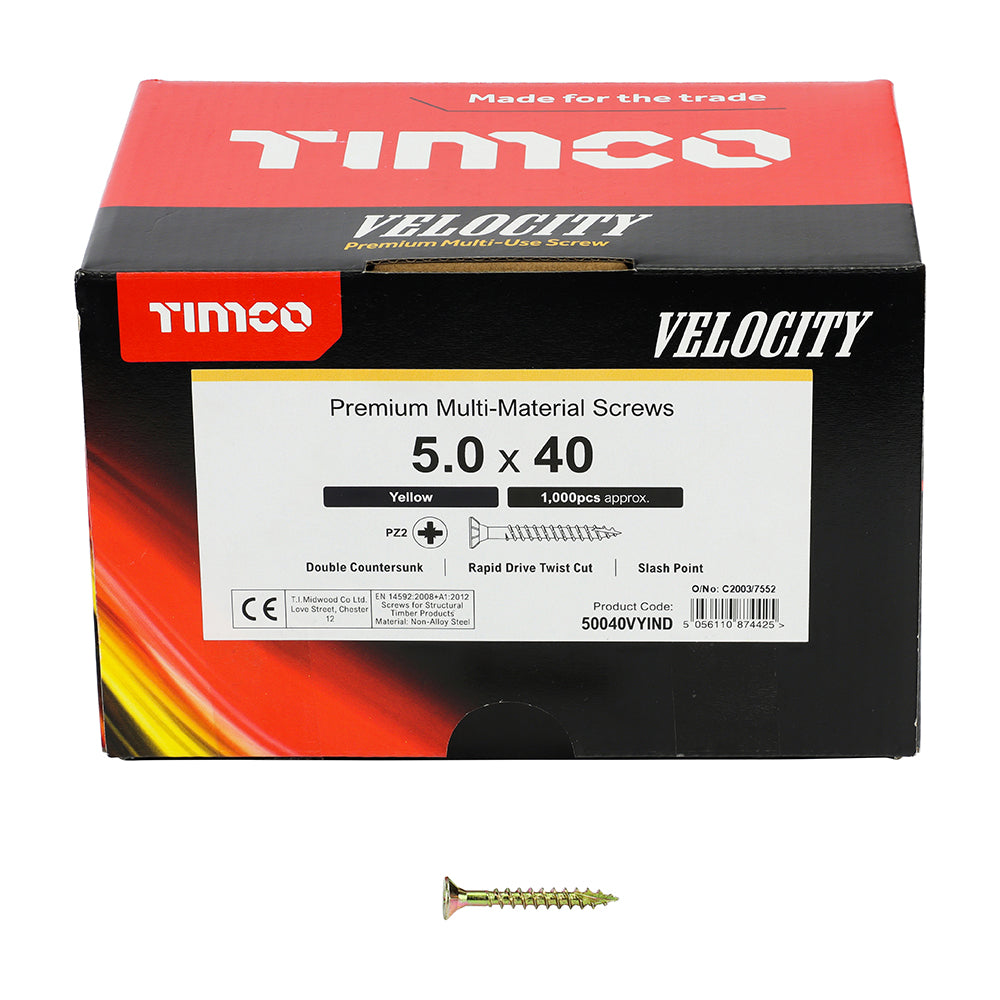 This is an image of Timco - Velocity Premium Multi-Use Screws - PZ - Double Countersunk - Yellow 5.0 x 40mm - (1000 PCS Box) 50040VYIND