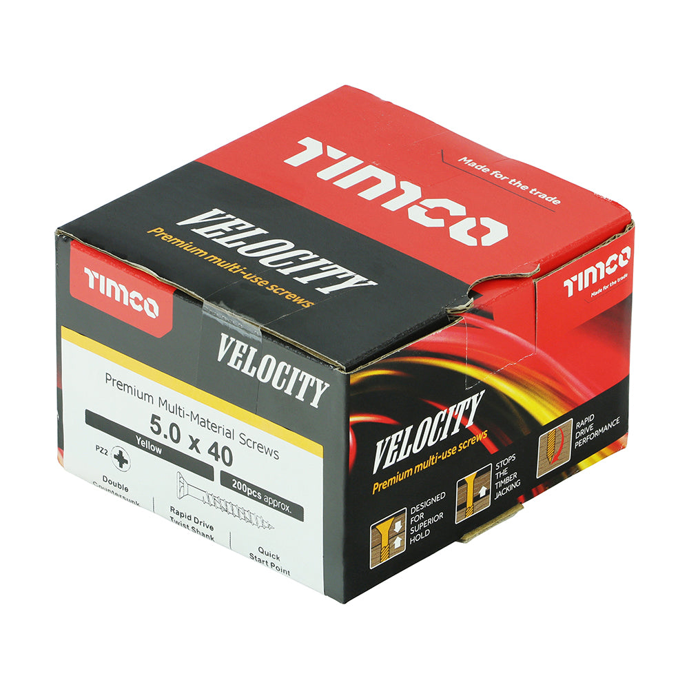 This is an image of Timco - Velocity Premium Multi-Use Screws - PZ - Double Countersunk - Yellow 5.0 x 40mm - (200 PCS Box) 50040VY