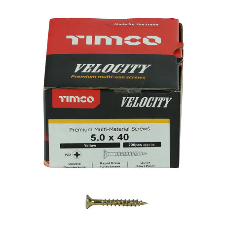 This is an image of Timco - Velocity Premium Multi-Use Screws - PZ - Double Countersunk - Yellow 5.0 x 40mm - (200 PCS Box) 50040VY