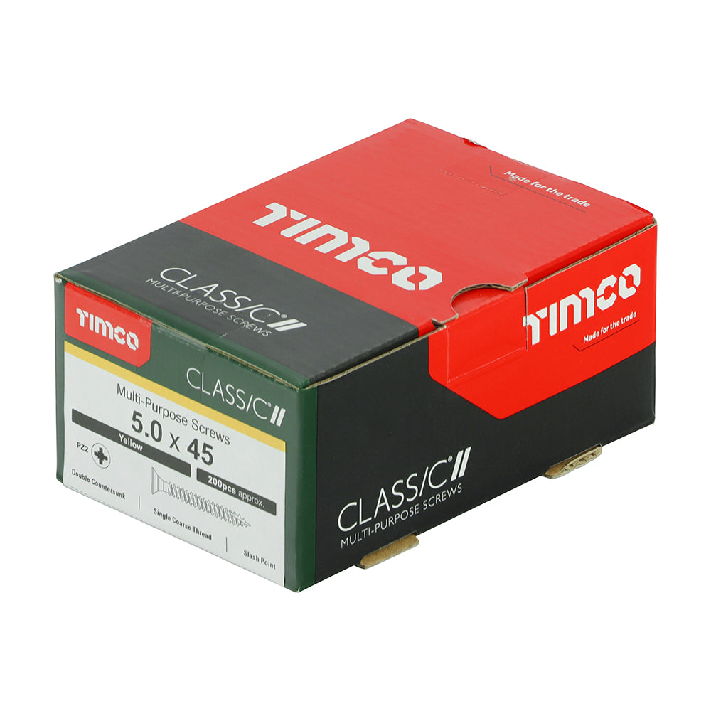 This is an image of Timco - Classic Multi-Purpose Screws - PZ - Double Countersunk - Yellow 5.0 x 45mm - (200 PCS Box) 50045CLAF