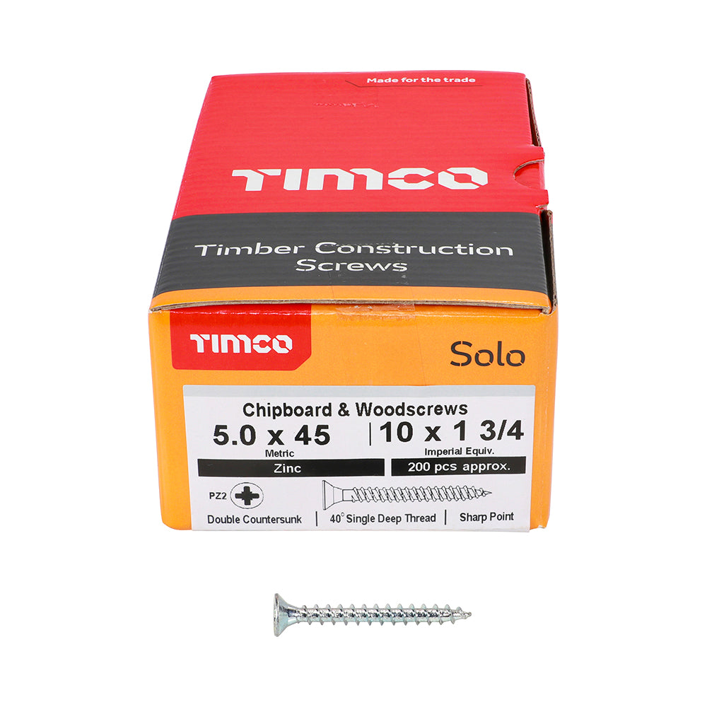 This is an image of Timco - Solo Chipboard & Woodscrews - PZ - Double Countersunk - Zinc 5.0 x 45mm - (200 PCS Box) 50045SOLOZ