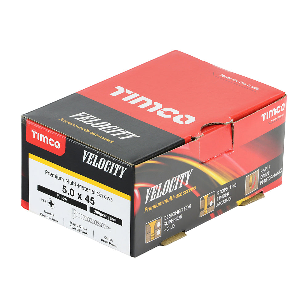 This is an image of Timco - Velocity Premium Multi-Use Screws - PZ - Double Countersunk - Yellow 5.0 x 45mm - (200 PCS Box) 50045VY