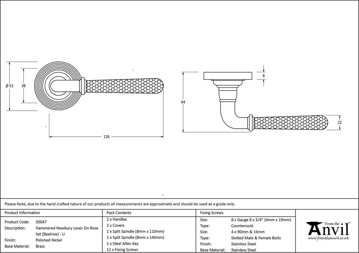 From The Anvil - Polished Nickel Hammered Newbury Lever on Rose Set (Beehive) - Unsprung | Sku. 50047 | Trade Door Handles.