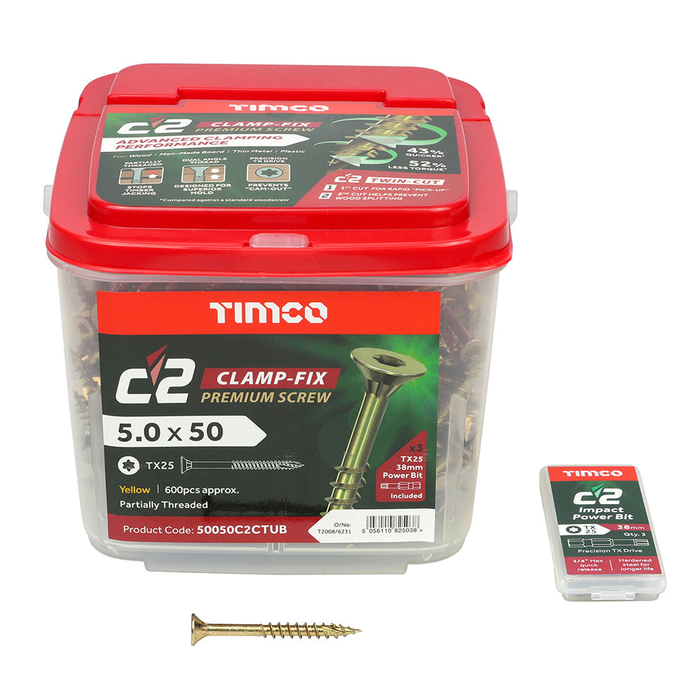 This is an image of Timco - C2 Clamp-Fix Screws - TX - Double Countersunk with Ribs - Twin-Cut - Yellow 5.0 x 50mm - (600 PCS Tub) 50050C2CTUB