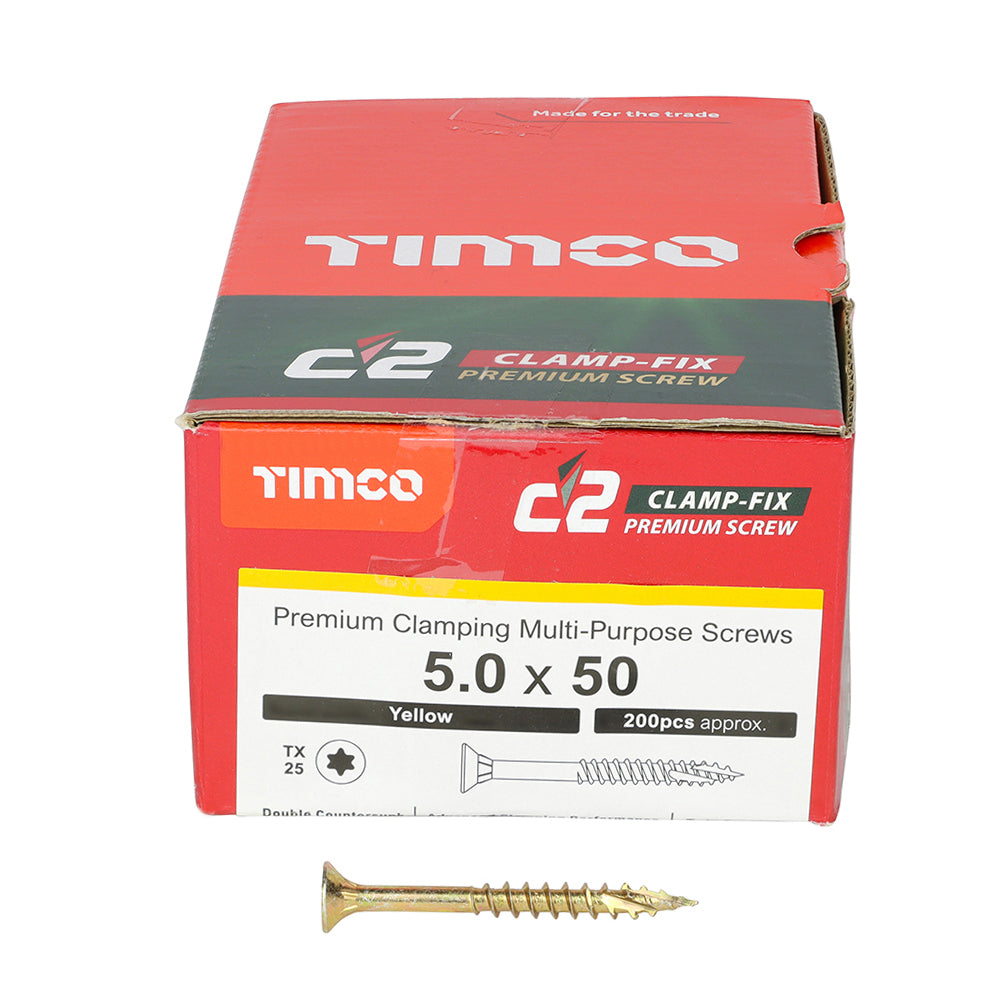 This is an image of Timco - C2 Clamp-Fix Screws - TX - Double Countersunk with Ribs - Twin-Cut - Yellow 5.0 x 50mm - (200 PCS Box) 50050C2C