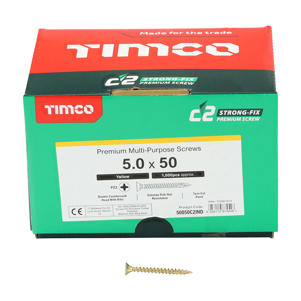 This is an image of Timco - C2 Strong-Fix Screws - PZ - Double Countersunk - Twin-Cut - Yellow 5.0 x 50mm - (1000 PCS Box) 50050C2IND