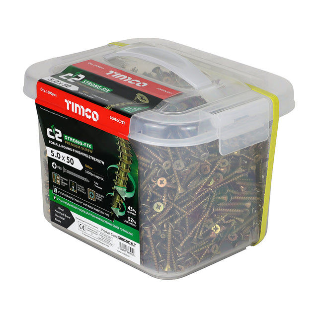 This is an image of Timco - C2 Strong-Fix Screws - PZ - Double Countersunk - Twin-Cut - Yellow 5.0 x 50mm - (1600 PCS Tub) 50050C2LT