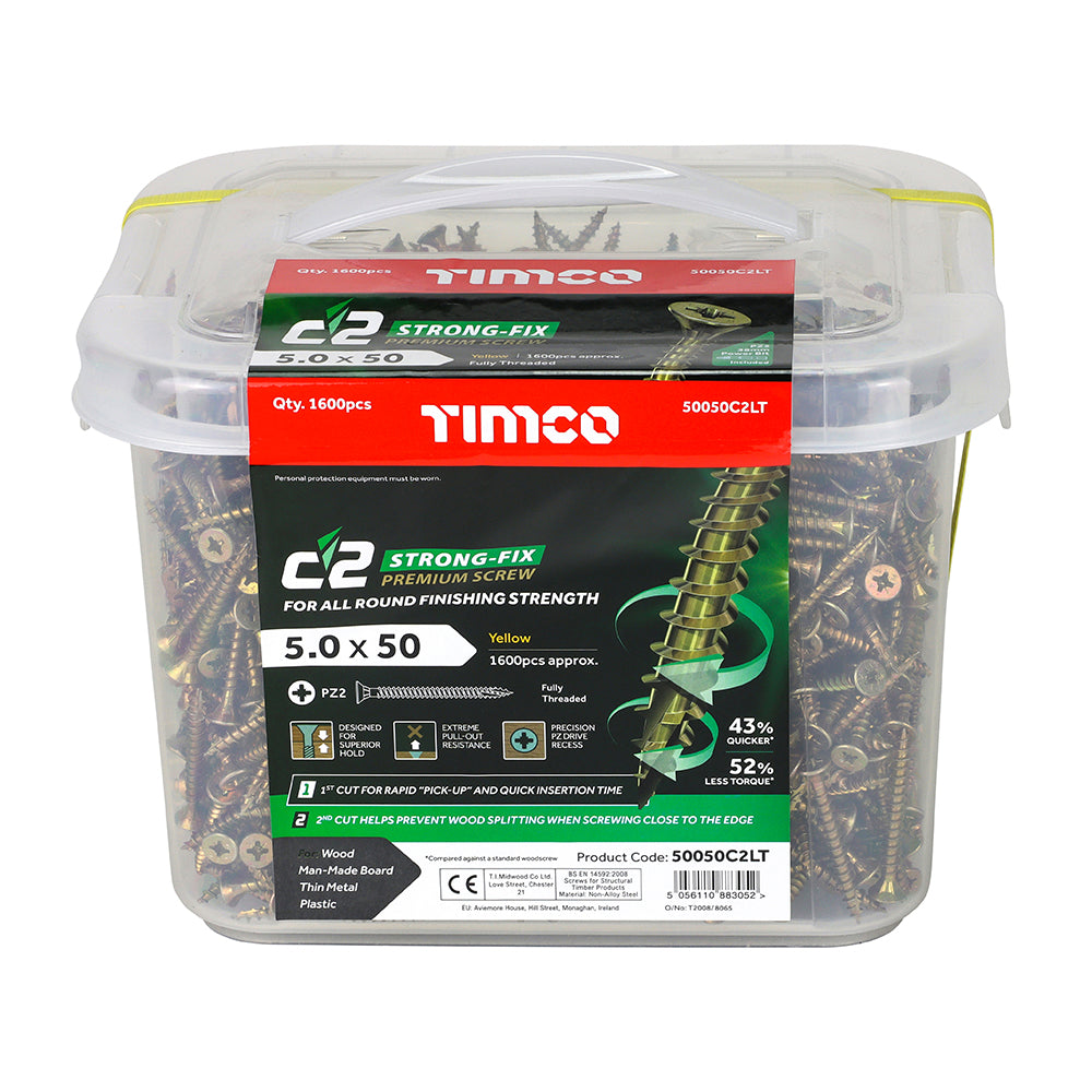 This is an image of Timco - C2 Strong-Fix Screws - PZ - Double Countersunk - Twin-Cut - Yellow 5.0 x 50mm - (1600 PCS Tub) 50050C2LT