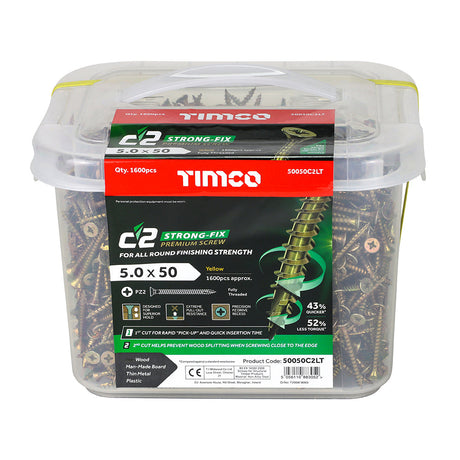 This is an image of Timco - C2 Strong-Fix Screws - PZ - Double Countersunk - Twin-Cut - Yellow 5.0 x 50mm - (1600 PCS Tub) 50050C2LT