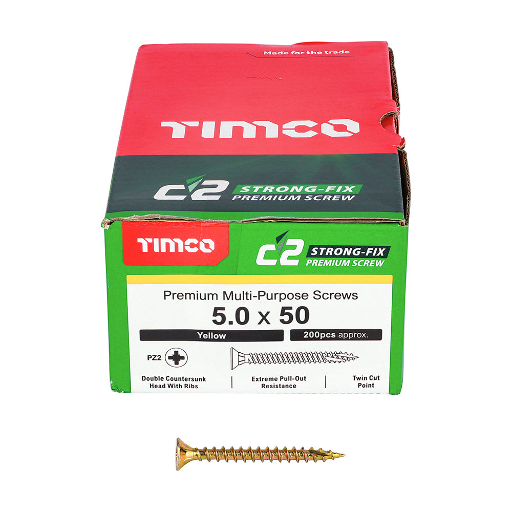 This is an image of Timco - C2 Strong-Fix Screws - PZ - Double Countersunk - Twin-Cut - Yellow 5.0 x 50mm - (200 PCS Box) 50050C2
