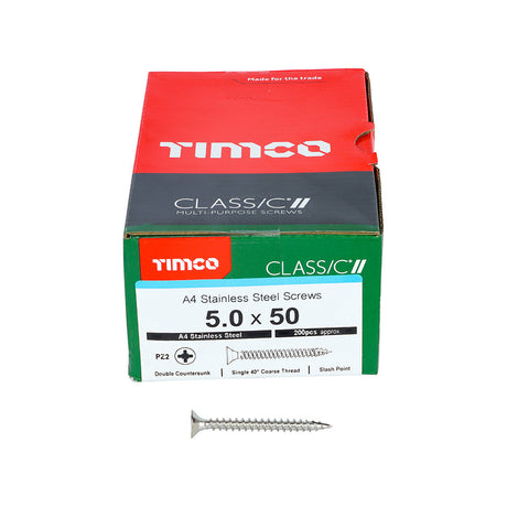 This is an image of Timco - Classic Multi-Purpose Screws - PZ - Double Countersunk - A4 Stainless Steel 5.0 x 50mm - (200 PCS Box) 50050CLA4