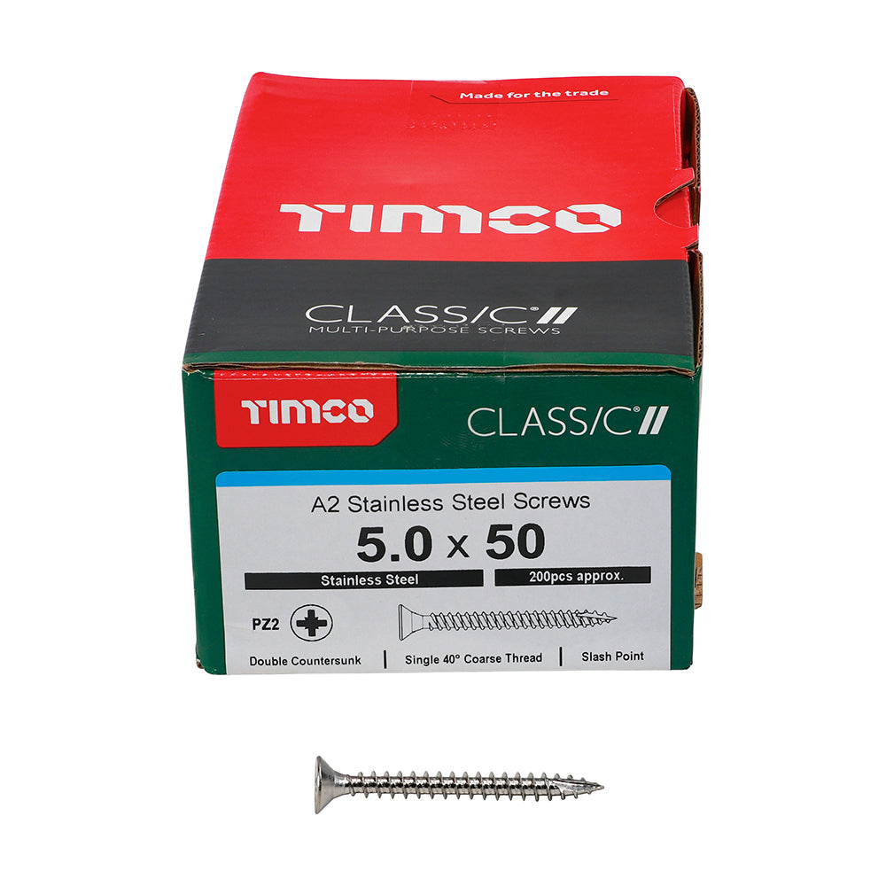 This is an image of Timco - Classic Multi-Purpose Screws - PZ - Double Countersunk - A2 Stainless Steel 5.0 x 50mm - (200 PCS Box) 50050CLASS
