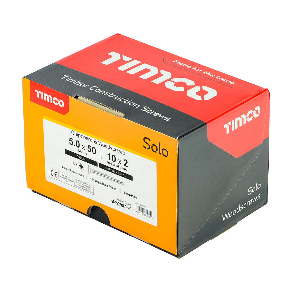 This is an image of Timco - Solo Chipboard & Woodscrews - Industry Pack - PZ - Double Countersunk - Yellow 5.0 x 50mm - (1000 PCS Box) 50050SOLOIND