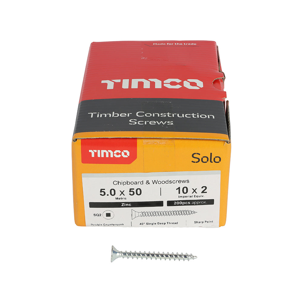 This is an image of Timco - Solo Chipboard & Woodscrews - SQ - Double Countersunk - Zinc 5.0 x 50mm - (200 PCS Box) 50050SQSZ