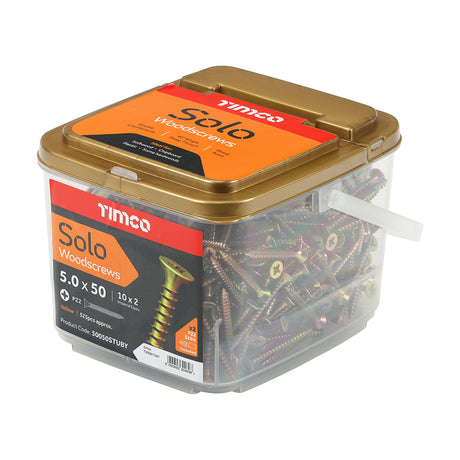 This is an image of Timco - Solo Woodscrews - PZ - Double Countersunk - Yellow 5.0 x 50mm - (525 PCS Tub) 50050STUBY