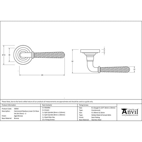 From The Anvil - Aged Bronze Hammered Newbury Lever on Rose Set (Art Deco) - Unsprung | Sku. 50050 | Trade Door Handles.