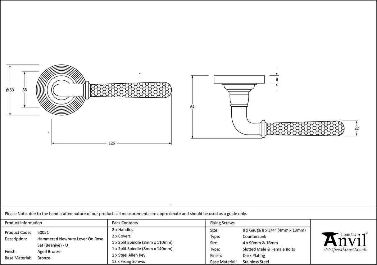 From The Anvil - Aged Bronze Hammered Newbury Lever on Rose Set (Beehive) - Unsprung | Sku. 50051 | Trade Door Handles.