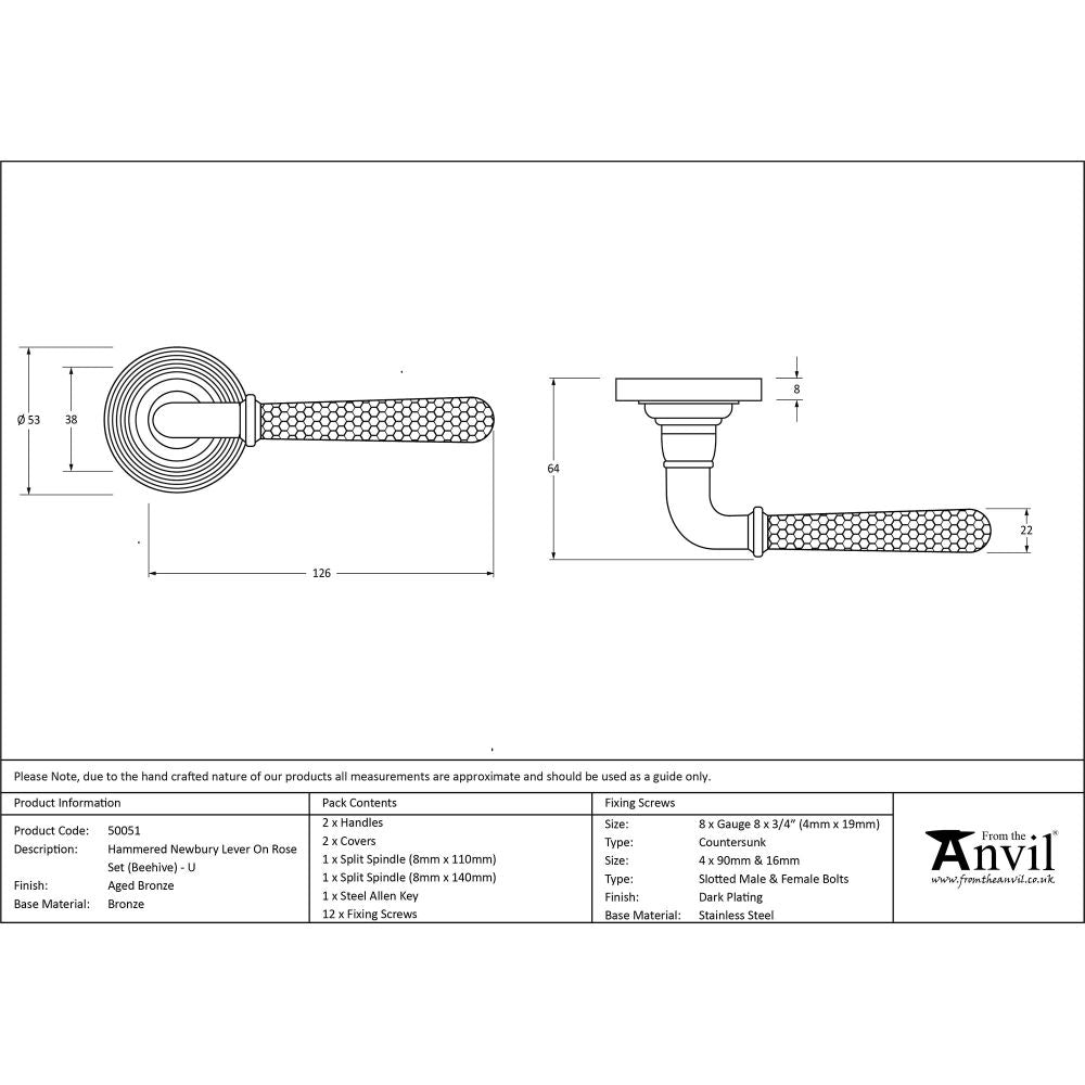 From The Anvil - Aged Bronze Hammered Newbury Lever on Rose Set (Beehive) - Unsprung | Sku. 50051 | Trade Door Handles.