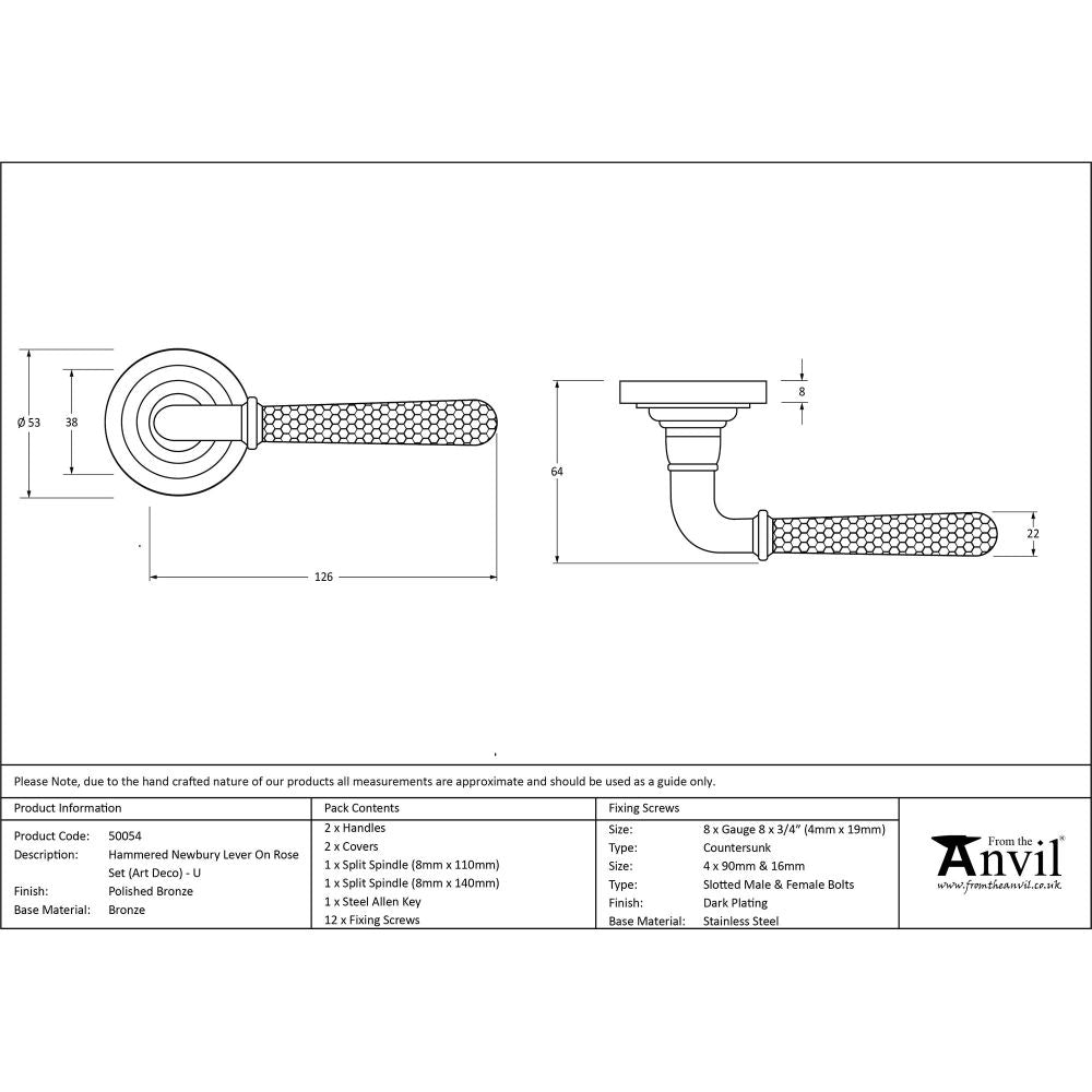 From The Anvil - Polished Bronze Hammered Newbury Lever on Rose Set (Art Deco) - Unsprung | Sku. 50054 | Trade Door Handles.