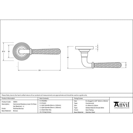From The Anvil - Polished Bronze Hammered Newbury Lever on Rose Set (Beehive) - Unsprung | Sku. 50055 | Trade Door Handles.