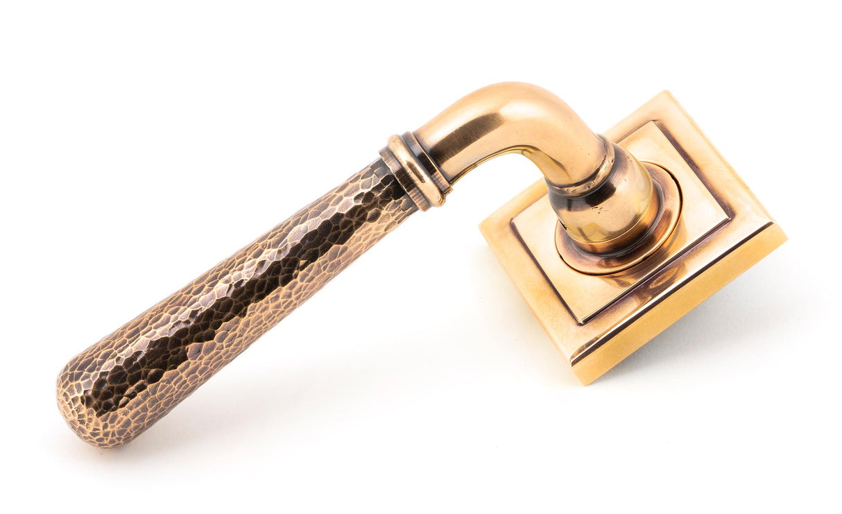 From The Anvil - Polished Bronze Hammered Newbury Lever on Rose Set (Square) - Unsprung | Sku. 50056 | Trade Door Handles.