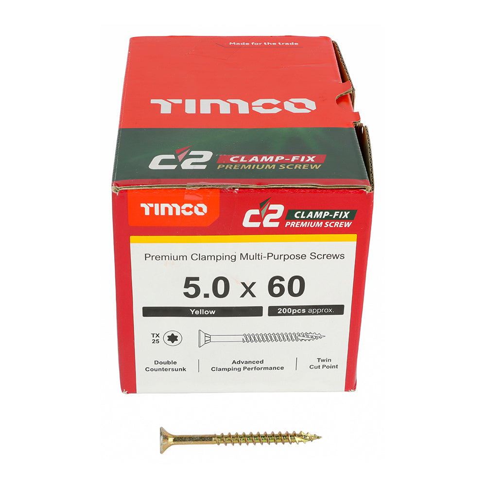 This is an image of Timco - C2 Clamp-Fix Screws - TX - Double Countersunk with Ribs - Twin-Cut - Yellow 5.0 x 60mm - (200 PCS Box) 50060C2C