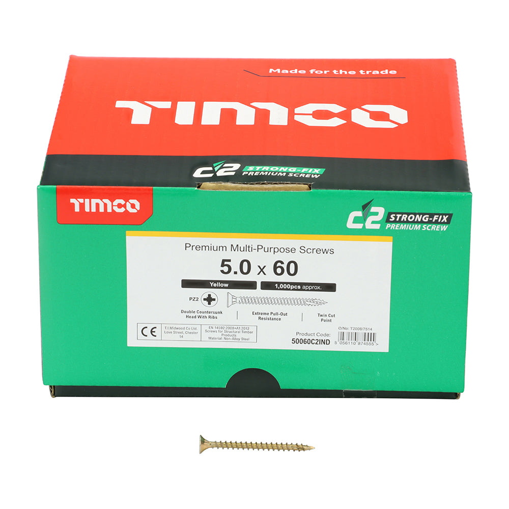 This is an image of Timco - C2 Strong-Fix Screws - PZ - Double Countersunk - Twin-Cut - Yellow 5.0 x 60mm - (1000 PCS Box) 50060C2IND