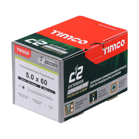 This is an image of Timco - C2 Exterior Strong-Fix Screws - PZ - Double Countersunk with Ribs - Twin-Cut - Silver 5.0 x 60mm - (200 PCS Box) 50060C2SBX