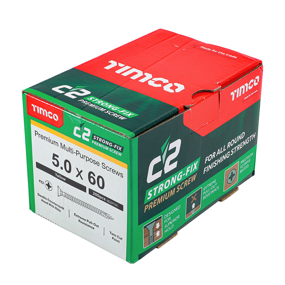 This is an image of Timco - C2 Strong-Fix Screws - PZ - Double Countersunk - Twin-Cut - Yellow 5.0 x 60mm - (200 PCS Box) 50060C2