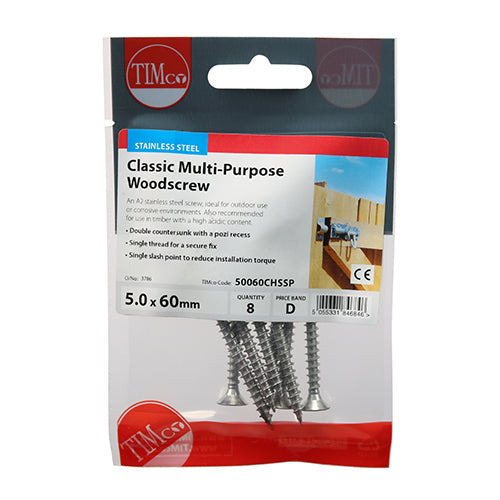 This is an image of Timco - Classic Multi-Purpose Screws - PZ - Double Countersunk - Stainless Steel 5.0 x 60mm - (8 PCS TIMpac) 50060CHSSP