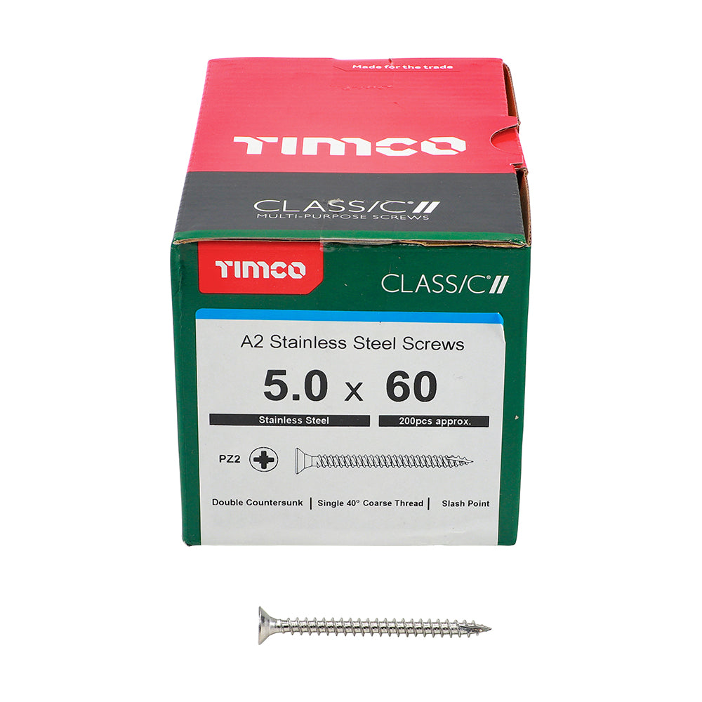 This is an image of Timco - Classic Multi-Purpose Screws - PZ - Double Countersunk - A2 Stainless Steel 5.0 x 60mm - (200 PCS Box) 50060CLASS