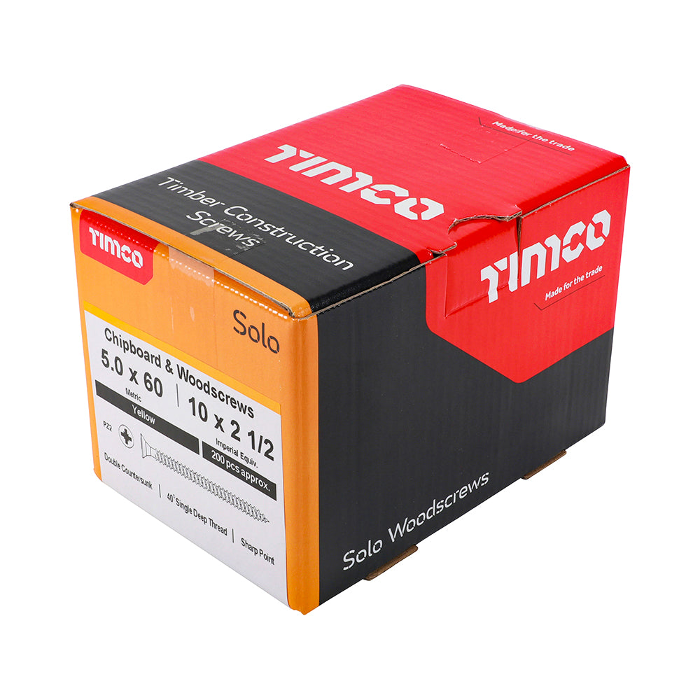 This is an image of Timco - Solo Chipboard & Woodscrews - PZ - Double Countersunk - Yellow 5.0 x 60mm - (200 PCS Box) 50060SOLOC