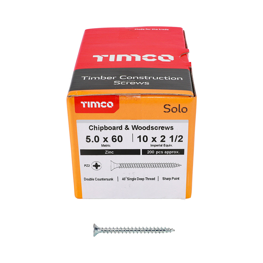 This is an image of Timco - Solo Chipboard & Woodscrews - PZ - Double Countersunk - Zinc 5.0 x 60mm - (200 PCS Box) 50060SOLOZ